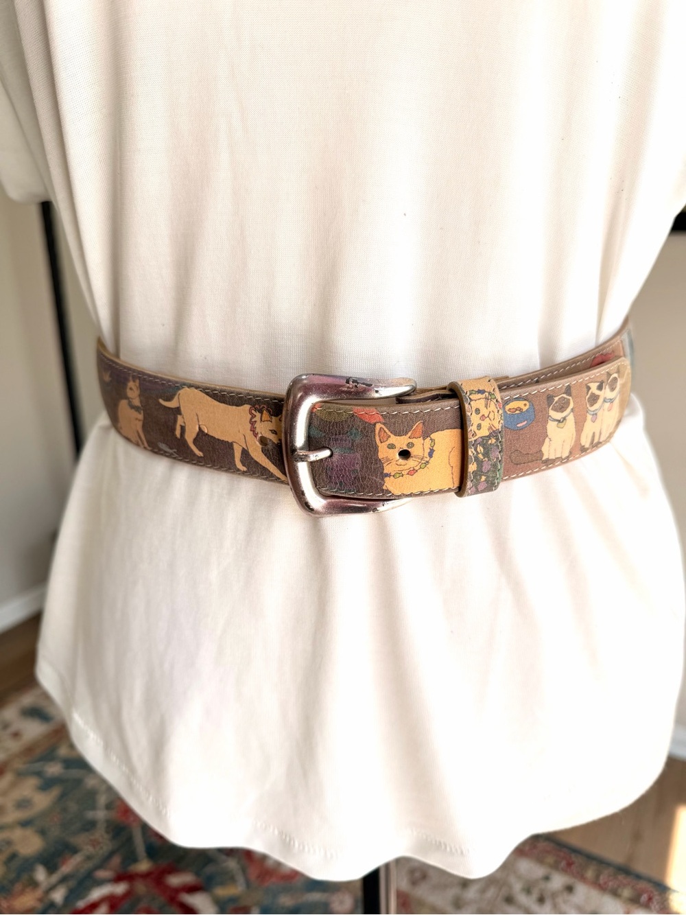 Vintage Cat Belt Made in USA Faux Leather Kitty Print Medium Eclectic